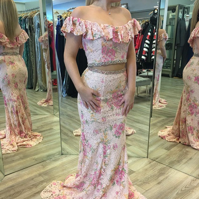 Two Piece Off-the-Shoulder Sweep Train Pink Floral Lace Prom Dress