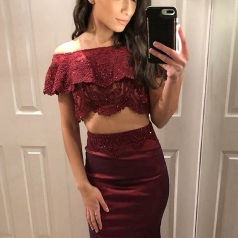 Two Piece Off-the-Shoulder Sweep Train Burgundy Prom Dress with Lace