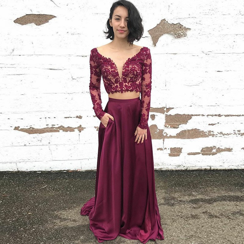 Two Piece Bateau Long Sleeves Maroon Prom Dress with Appliques Pockets