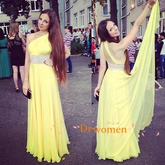 A-Line One Shoulder Floor-Length Yellow Chiffon Prom Dress with Beading - Click Image to Close