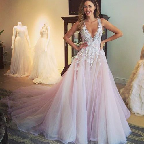 A-Line V-Neck Court Train Open Back Pink Wedding Dress with Appliques