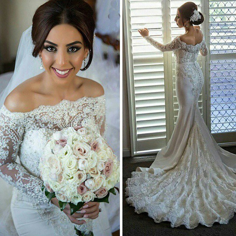 Delicte Long Bateau Mermaid Wedding Dress Bridal Gown with Long Sleeves