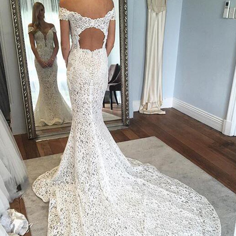 Mermaid Off-the-Shoulder Short Sleeves Court Train Lace Wedding Dress with Open Back