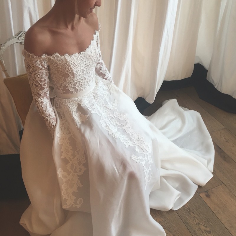 Elegant Off Shoulder Sweep Train Satin Chiffon Wedding Dress with Lace Long Sleeves