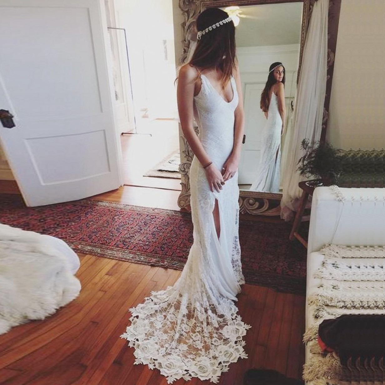 Sheath V-Neck Sweep Train Backless Lace Wedding Dress with Sides Split
