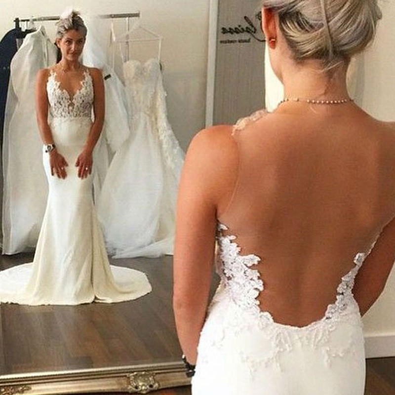 Sexy Sheath Wedding Dress - Jewel Sleeveless Illusion Back with Lace Top Sweep Train