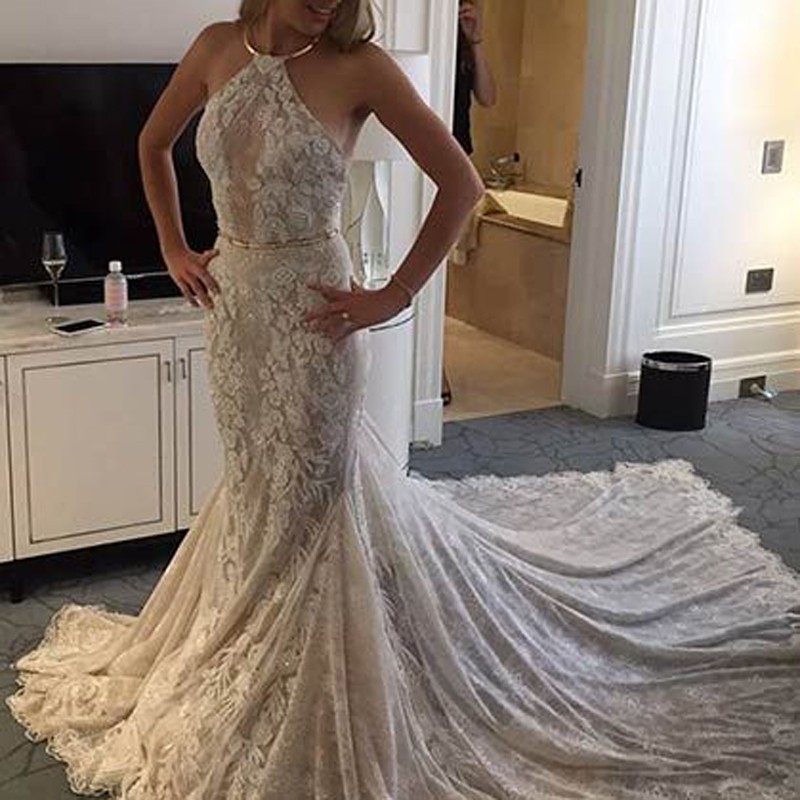 Modern Halter Sleeveless Lace Court Train Mermaid Wedding Dress with Ruched