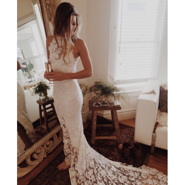 Mermaid Halter Backless Sweep Train Lace Wedding Dresses with Appliques