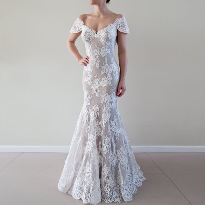 Elegant Mermaid Lace Wedding Dress - Off the Shoulder Short Sleeves Court Train