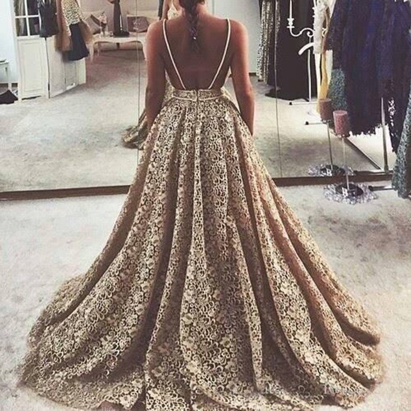 A-line Lace Wedding Dress - Champagne Gold Backless V-neck Sweep Train
