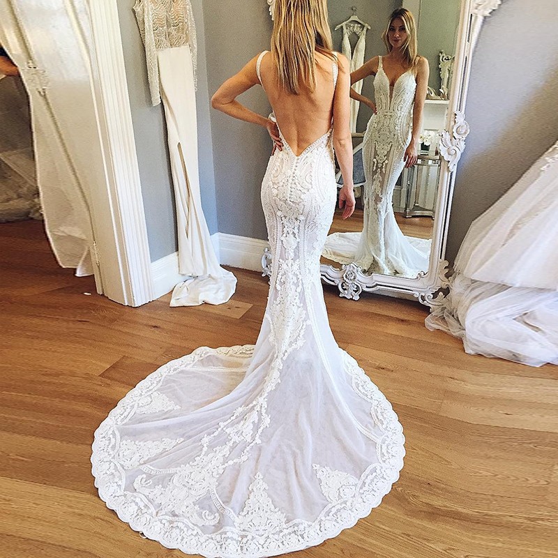 Mermaid Deep V neck Backless  Court Train Wedding  Dress  