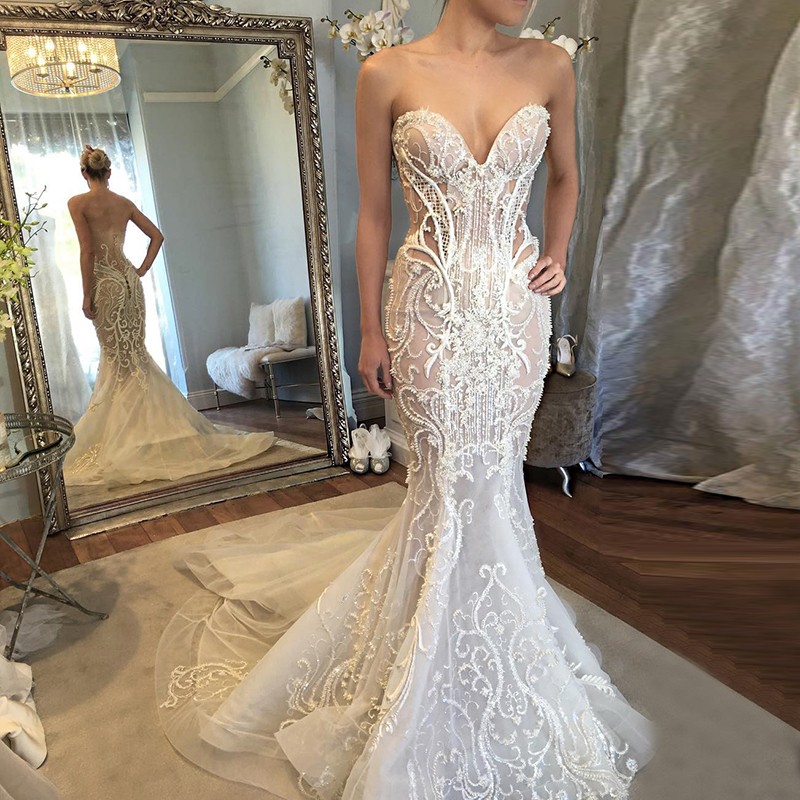 Mermaid Sweetheart Court Train Wedding Dress with Lace Beading