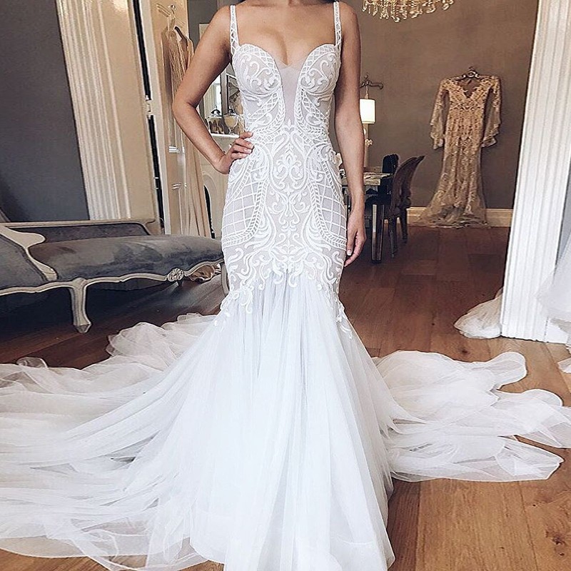 Mermaid Style Backless Straps Court Train Wedding Dress with Lace
