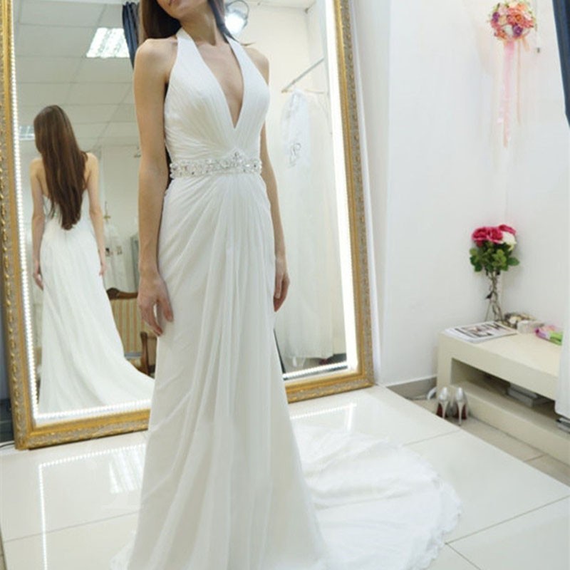 A-line Halter Backless Court Train Wedding Dress with Beading