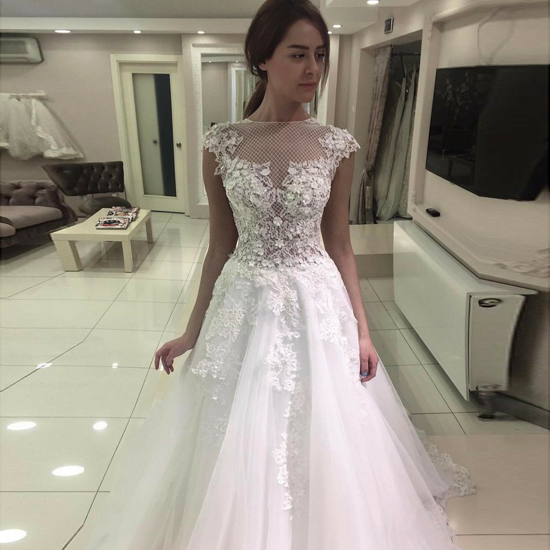 A-Line Bateau Cap Sleeves Court Train Wedding Dress with Lace Appliques