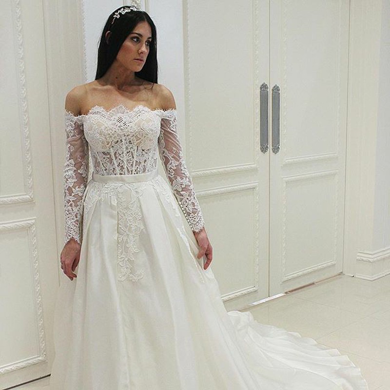 A-Line Off-the-Shoulder Long Sleeves Chiffon Wedding Dress with Appliques