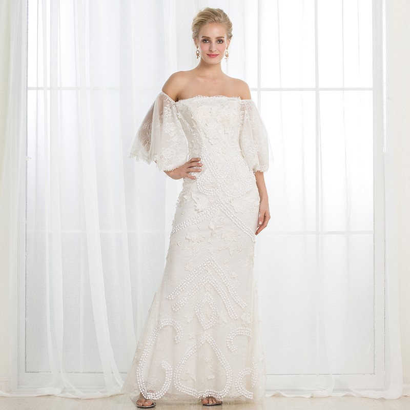 Sheath Strapless Half Sleeves Floor-Length Wedding Dress with Appliques
