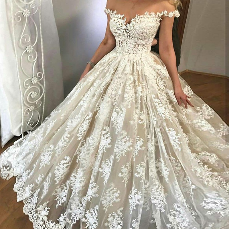 A-Line Off-the-Shoulder Sweep Train Light Champagne Wedding Dress with Appliques