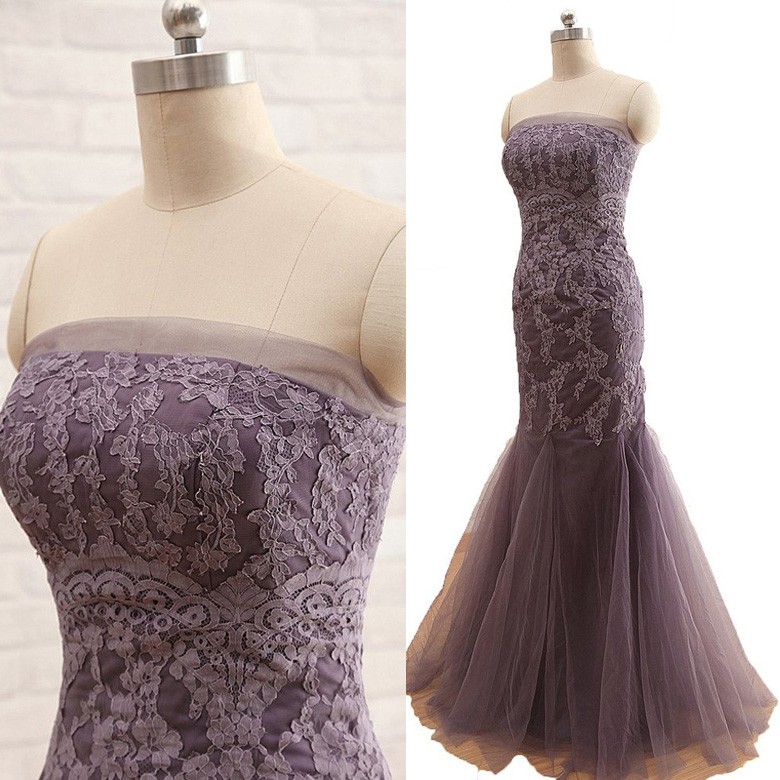 Floor Length Lace Tulle Mother of the bride dress - Chocolate Sheath Strapless