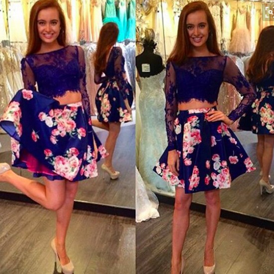Sexy Two Piece Prom/Homecoming Birthday Party Dress - Royal Blue Floral with Lace