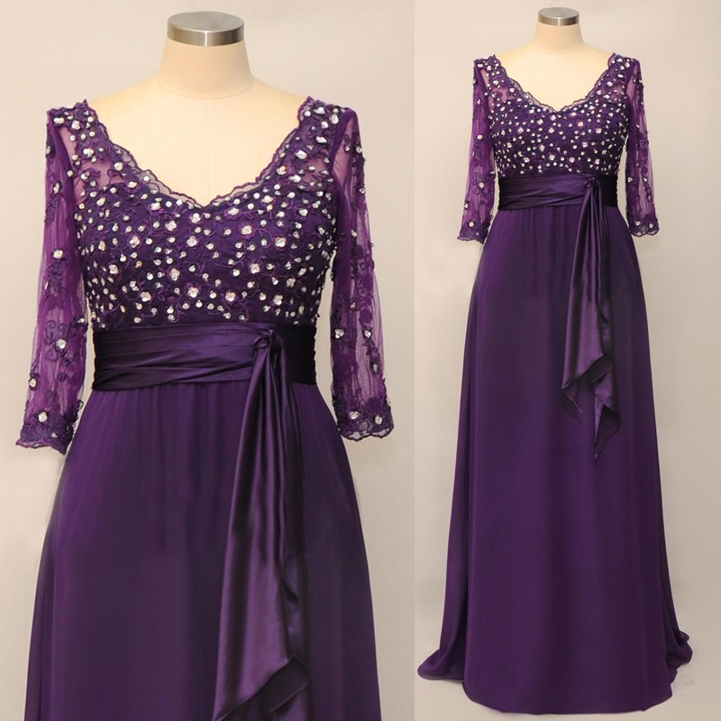 Awesome Long Beaded Purple V Neck Mother of the Bride Dresses with Half Sleeve
