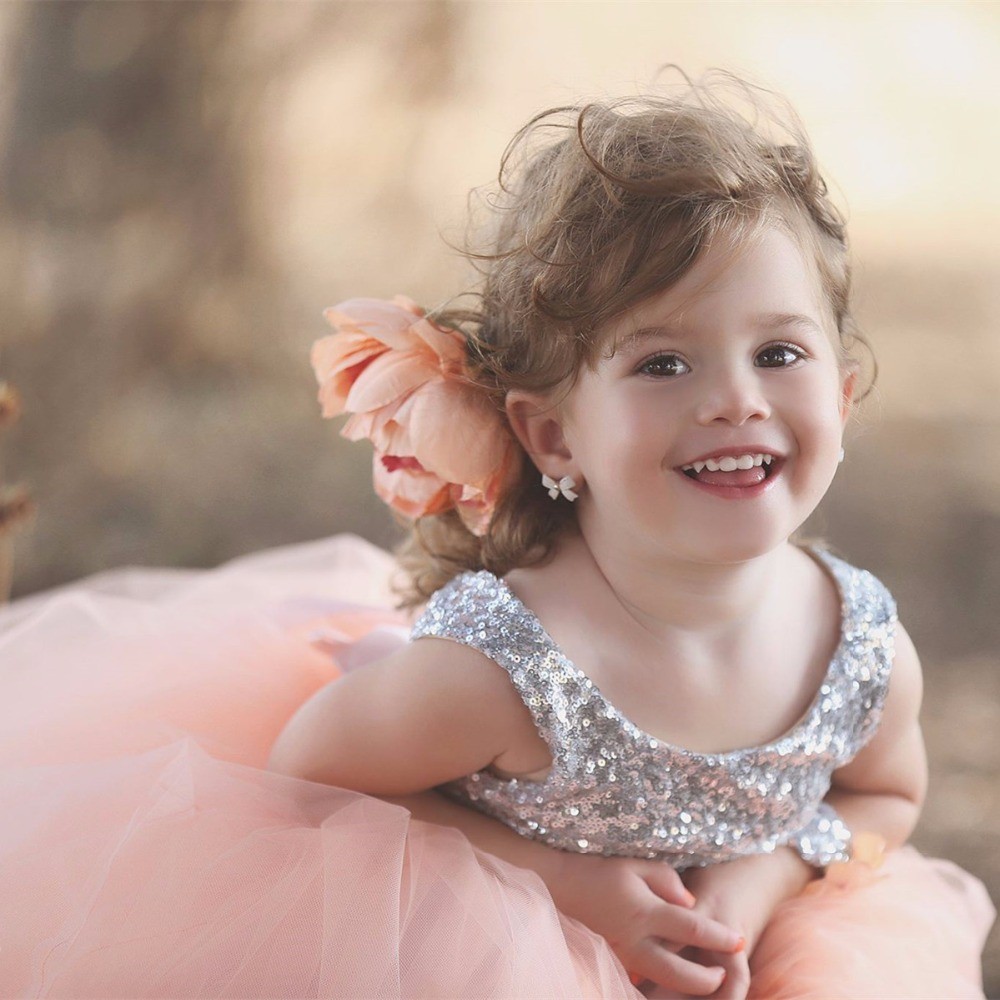 Cute Silver Sequins Coral Flower Girl Dresses with Bowknot