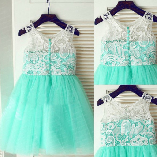 Cute Mint Green Flower Girl Dresses with White Lace