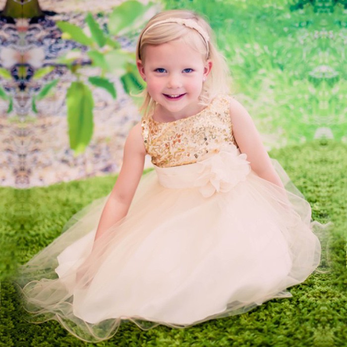 Gold Sequins Ball Gown Empire Baby Flower Girl Dress with Flower