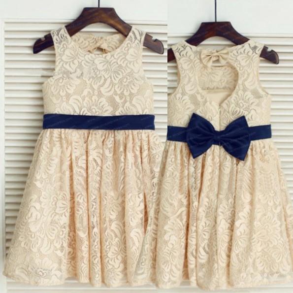 Sweet Little Flower Girl Dress/Baby Girl Dress/Birthday Girl Dress with Royal Blue Sash