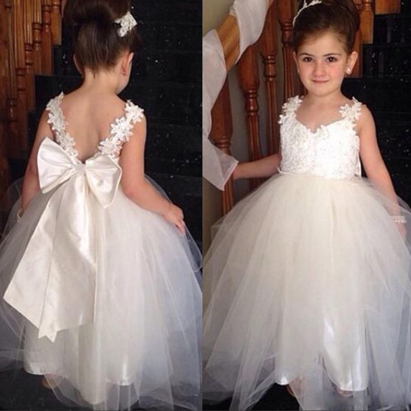 Cute Cheap Flower Girl Dress with Bow Lace Scoop Open Back Under 50