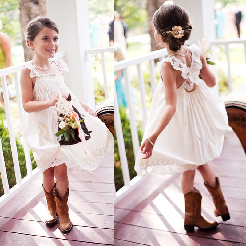 Cute White Flower Girl Dress - Square Neck Short Chiffon with Lace