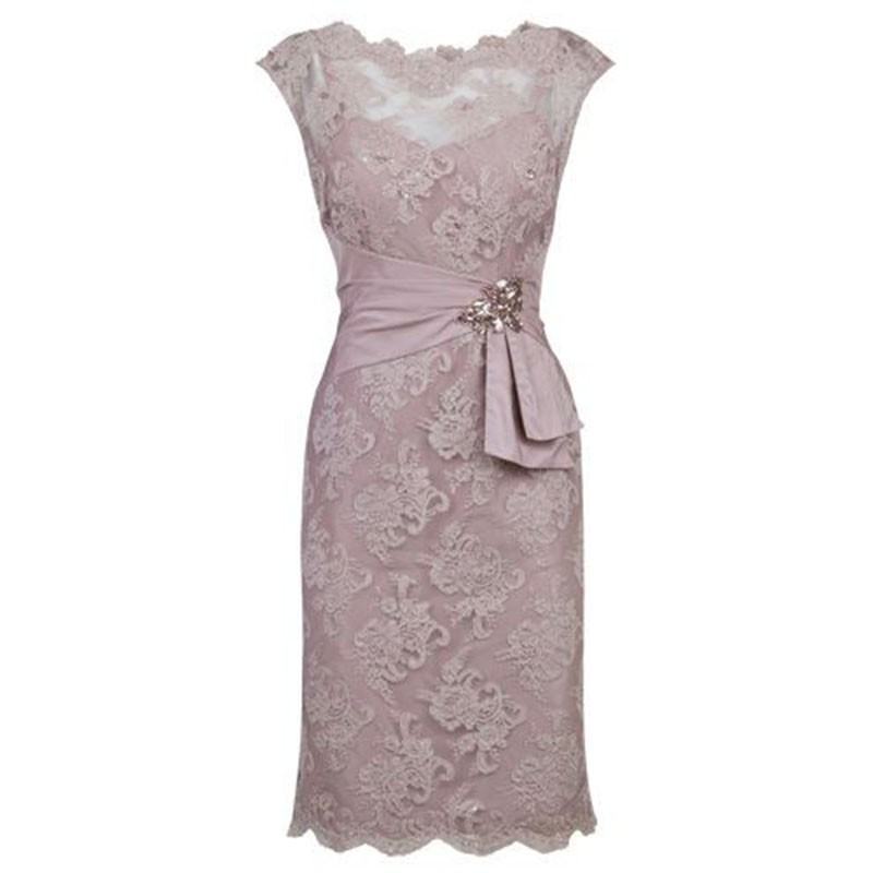 Sheath Scalloped-Edge Short Cap Sleeves Grey Lace Mother of The Bride Dress