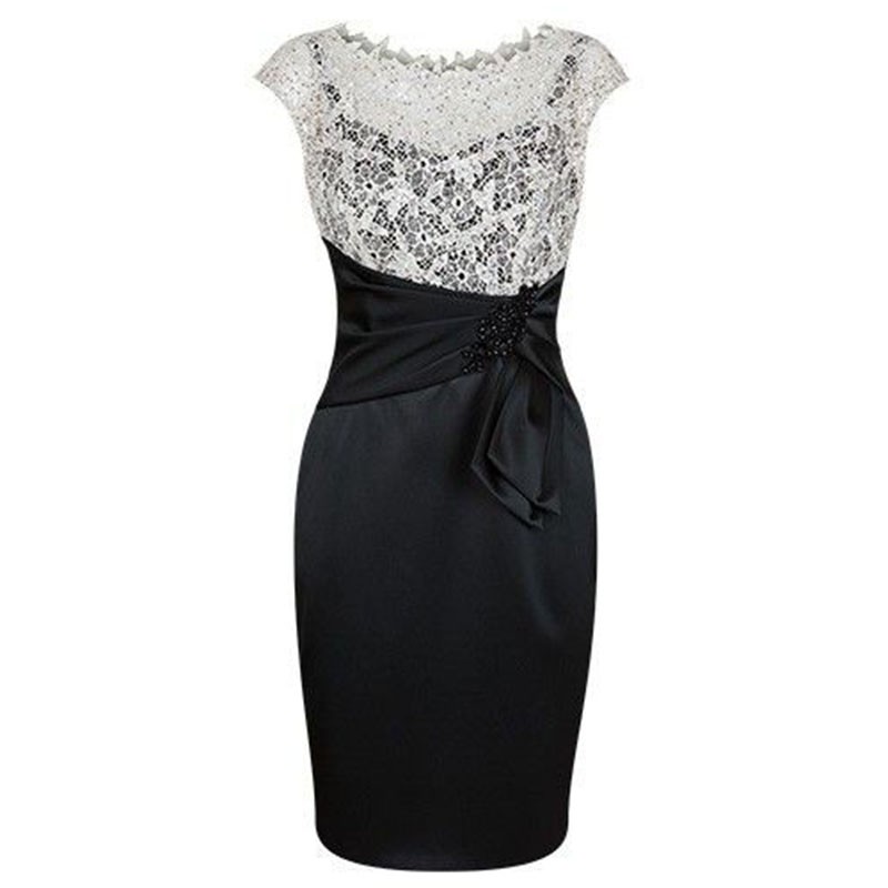 Black Sheath Short Scalloped-Edge Mother of The Bride Dress with Lace Beading