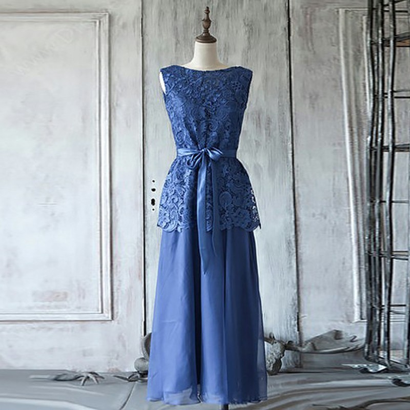 A-Line Bateau Mid-Calf Sky Blue Chiffon Mother of The Bride Dress with Sash Lace