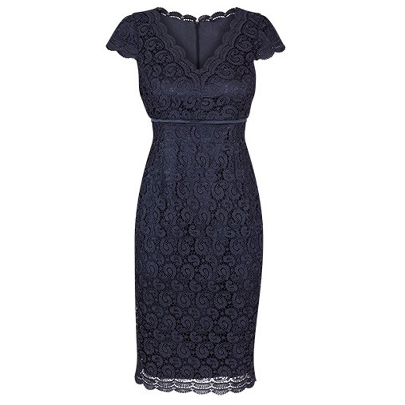 Bodycon V-Neck Cap Sleeves Navy Blue Lace Mother of The Bride Dress
