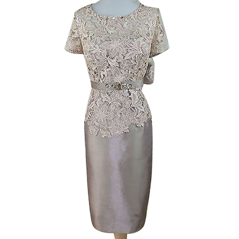 Bodycon Bateau Short Sleeves Silver Mother of The Bride Dress with Lace Beading
