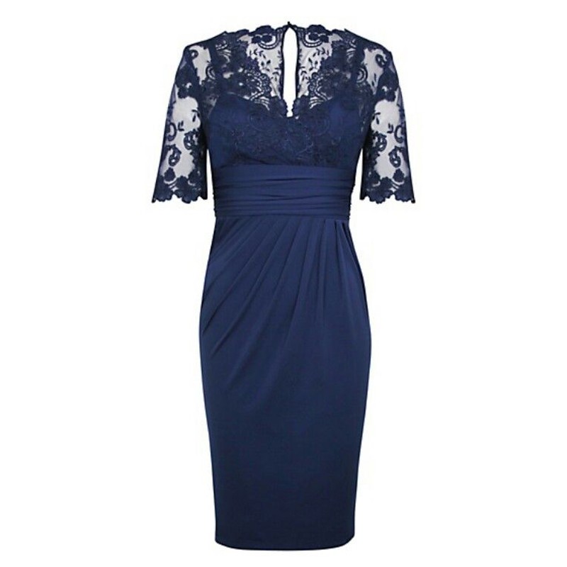 Sheath V-Neck Short Sleeves Dark Blue Mother of The Bride Dress with Lace