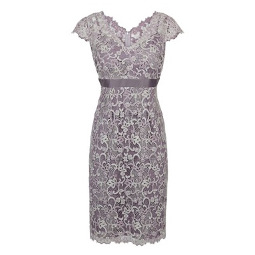 Sheth V-Neck Cap Sleeves Short Grey Lace Mother of The Bride Dress with Sash - Click Image to Close