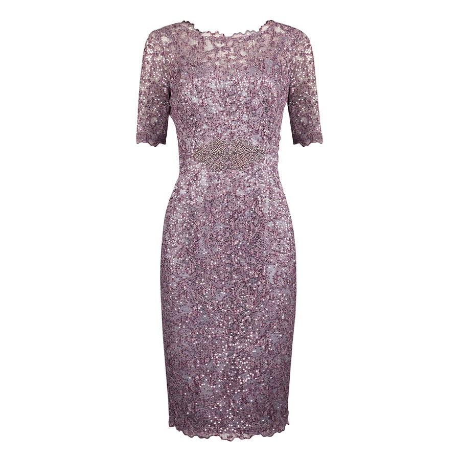 Sheath Bateau Short Sleeves Grape Sequined Mother of The Bride Dress with Beading