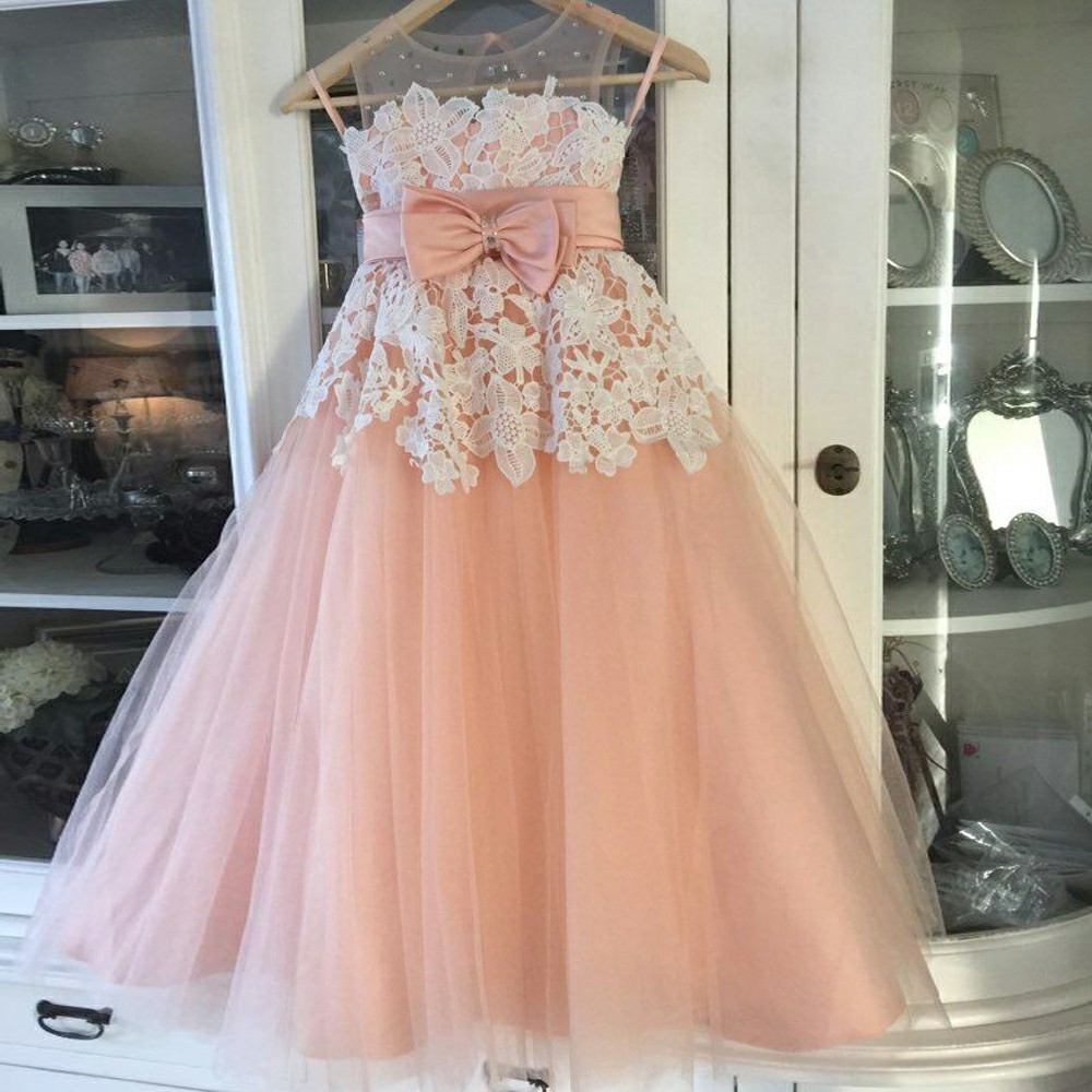 A-Line Round Neck Blush Tulle Flower Girl Dress with Appliques Beading