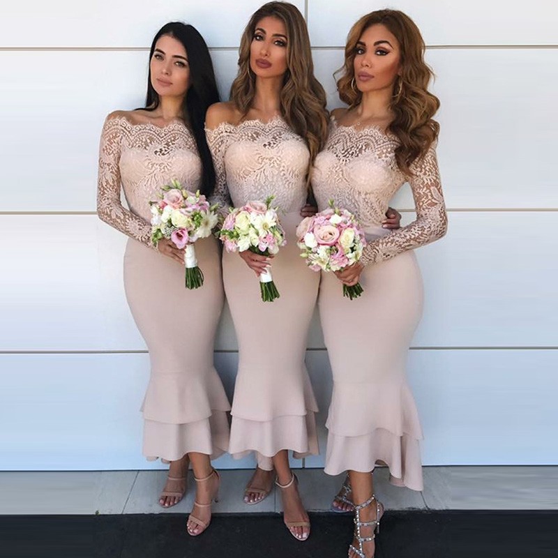 Mermaid Off-the-Shoulder Long Sleeves Blush Bridesmaid Dress with Lace